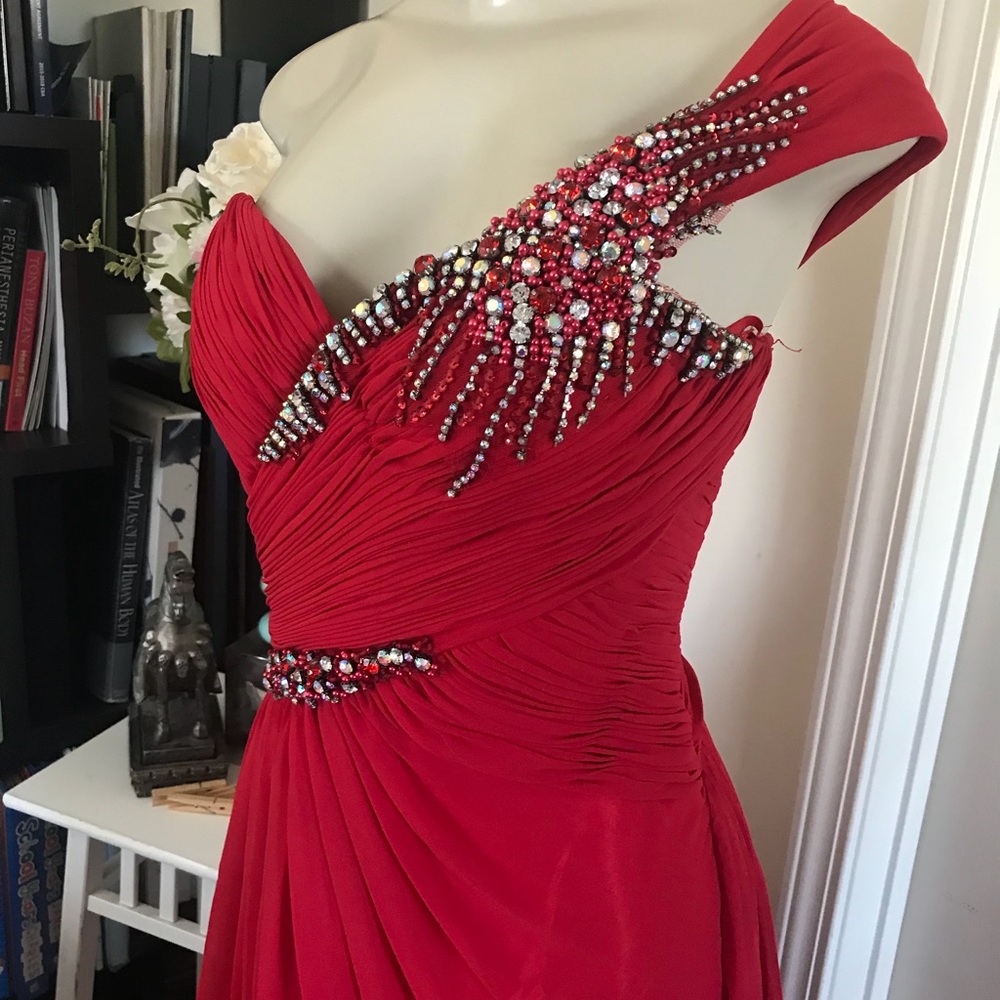 Red one shoulder formal long gown